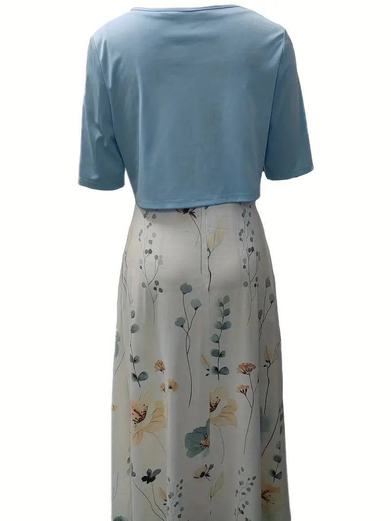 Ensemble Chic de Robe Fleurie à Deux Pièces avec Haut Uni à Col Rond