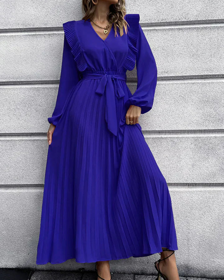 Robe Maxi Élégante Plissée à Col V - Idéale pour Toutes les Occasions