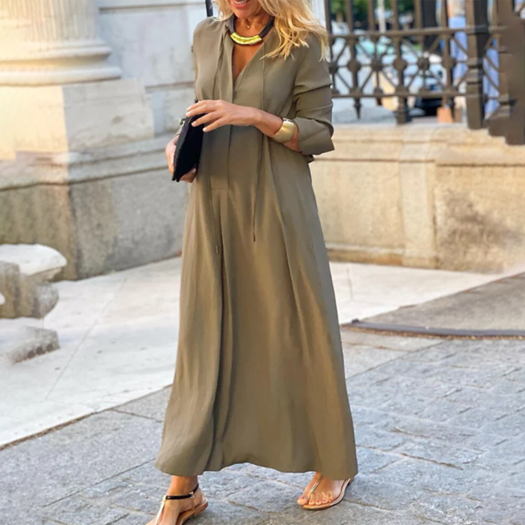 Robe Maxi Élégante d'Été à V-Neck avec Manches Longues au Niveau des Coudes
