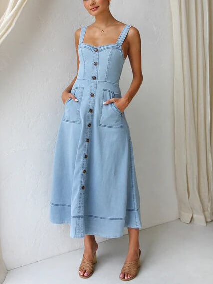 Robe Midi en Jean Relax avec Détails Boutonnés