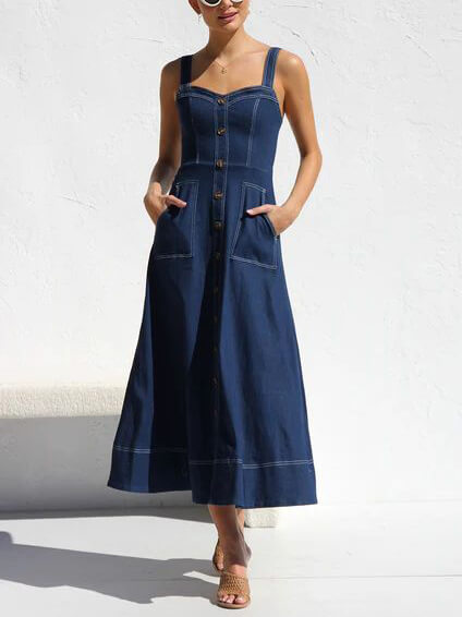 Robe Midi en Jean Relax avec Détails Boutonnés
